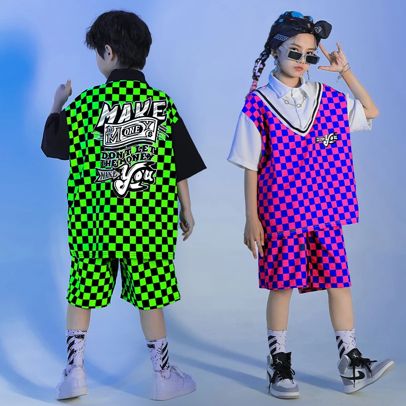 

Kids Kpop Outfits Hip Hop Clothing T shirt Checkered Tops Shorts For Girl Boy Jazz Dance Costume Dancing Stage Clothes Set