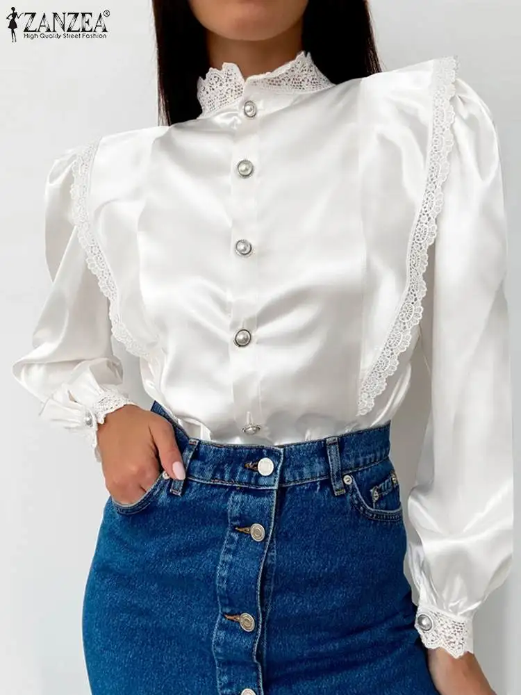 

ZANZEA Fashion Stand Collar Solid Tunic Women Elegant Lace Trim Long Sleeve Button Up Blouses 2023 New Commute Satin Shirts Tops