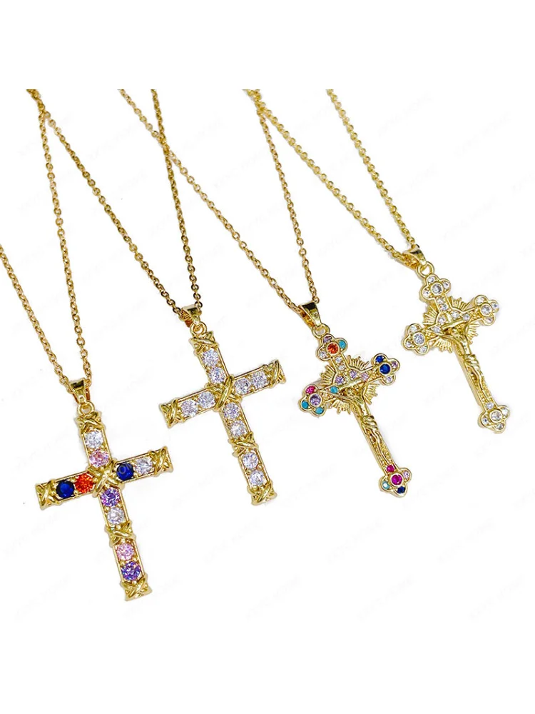 

Лидер продаж, позолоченное ожерелье с крестом из циркония, цепочка из титановой стали в ретро стиле, женская подвеска, литой орнамент