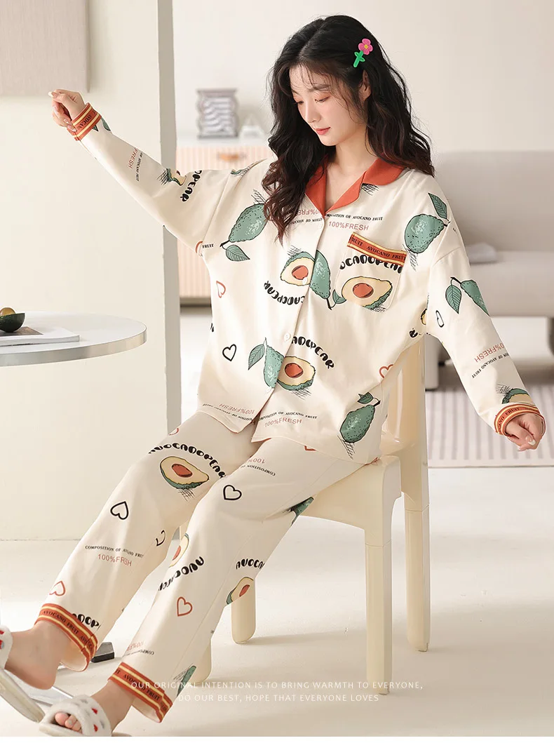 Yasuk Spring Autumn Fashion Women Casual Soft Print Sleepwear Homewear Pajamas With Pants Sweet Fruits Avocados Simple Cotton