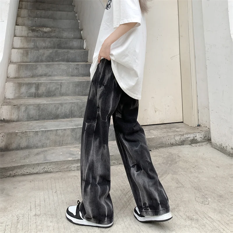 Black Baggy Jeans Men Fashion Retro Casual Tie Dye Straight Jeans Mens Japanese Streetwear Hip-hop Loose Denim Trousers Men
