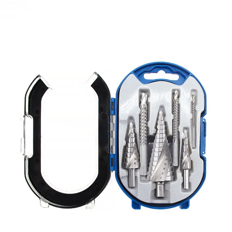 

6pcs Saw Drill Step Drill Set Straight Groove Sawtooth Twist Drill Spiral Groove Plastic Box Set Reaming Cutting Tool