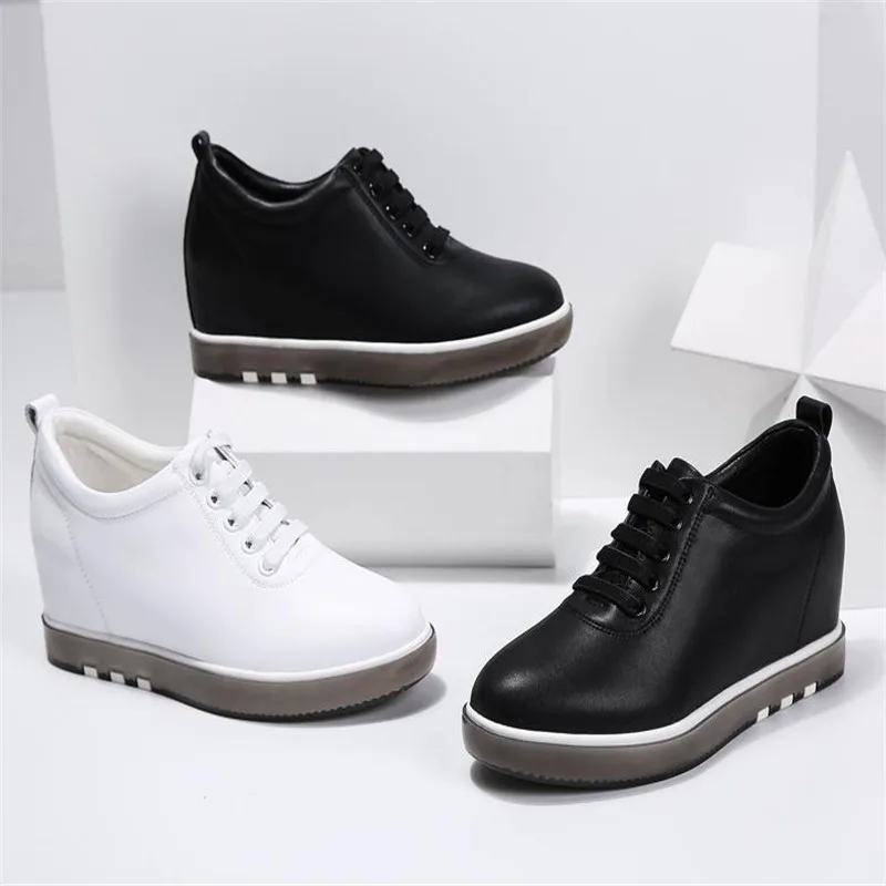 

Black Hide Heel Genuine Leather Shoes Women 2023 New Fashion Sneakers New Lace Up Height Increasing Casual Shoes White Sneakers
