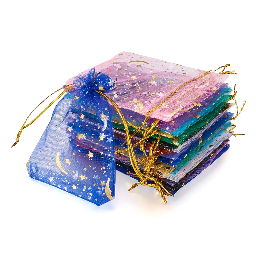 

Pandahall 100Pcs 3 Style Rectangle Star Moon Printed Organza Gift Bags for Party Candy Jewelry Bags Jewelry Making Gift