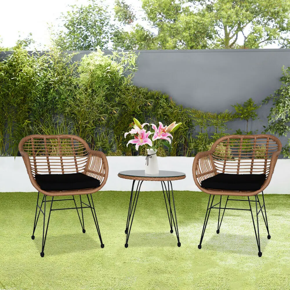 

3 pcs Wicker Rattan Patio Conversation Set with Tempered Glass Table Flaxen
