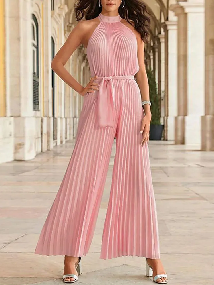Solid Color Pleated Ruched Party Jumpsuit Women Elegant Halter Sleeveless Office Playsuit Spring Summer Wide Leg Pants Rompers
