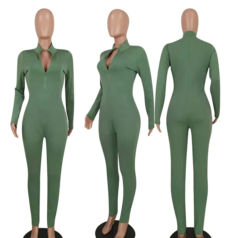 Solid Front Zip Bodycon Jumpsuit Women Clothing Casual Long Sleeve Rompers Sporty Fitness Workout Overalls Enterizos Para Mujer