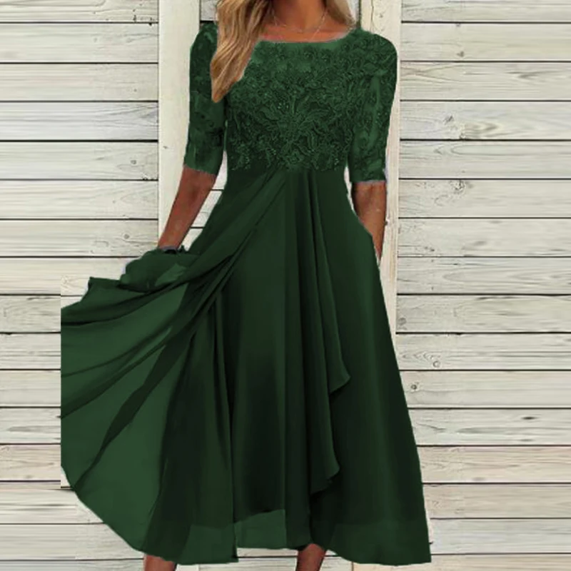 

Summer Elegant Short Sleeve O Neck Dress Women Fashion Lace Hollow Patchwork Party Dress Ladies Solid Slim Temperament Dresses