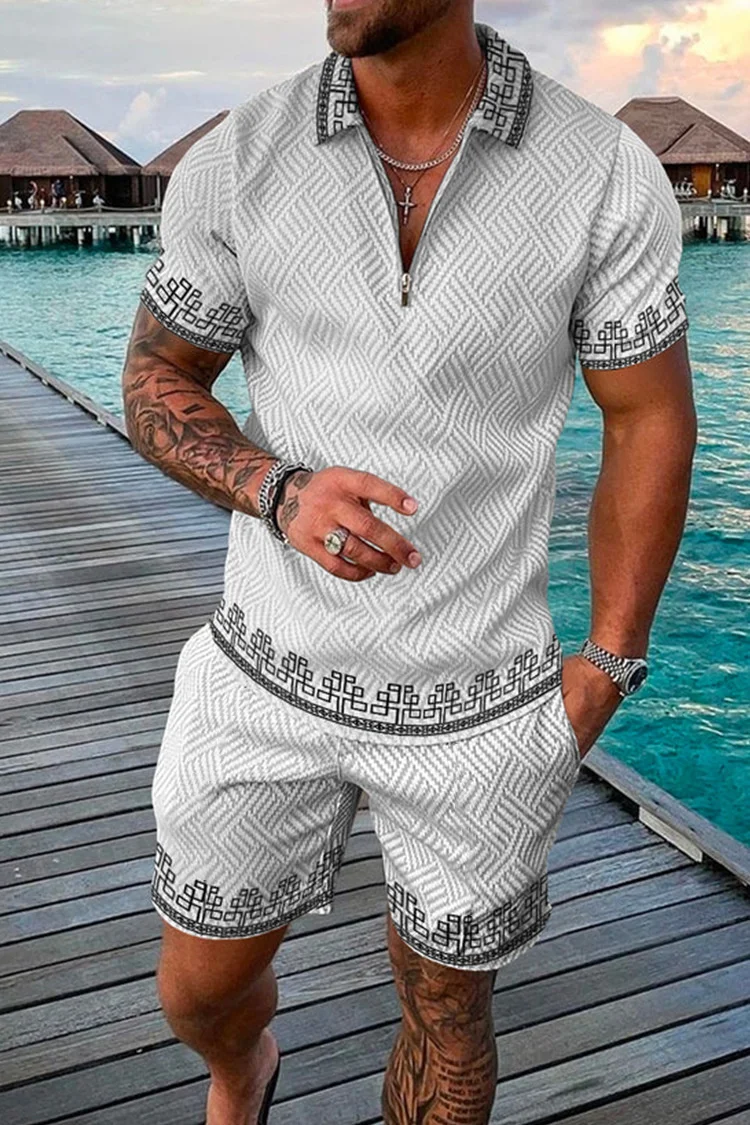 Summer Men's Luxury Short Sleeved Polo Shirt 2-Piece Gold Patterned Top Street Business Slim Down Tracksuit Set