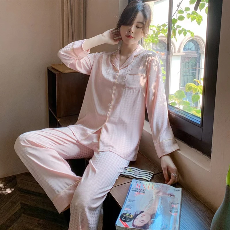 Spring Autumn Pajamas for Women Fashion Faux Silk Long Sleepwear Sets Home Clothes