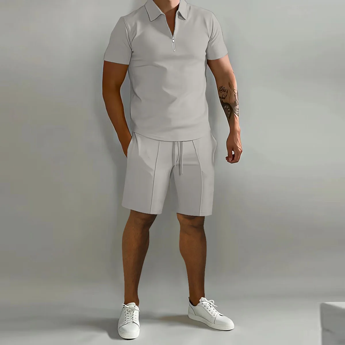 2023 Summer Men's Sports Suit Solid Casual Loose Comfortable Male Set Short-Sleeve Polo Shirt & Shorts Two-Piece Suit Man