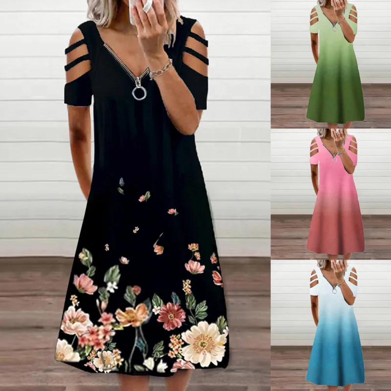 

Zipper Floral Print Short Sleeve Dress Women Sexy Summer V Neck Casual Elegant Vintage Hollow Out Dresses Streewear