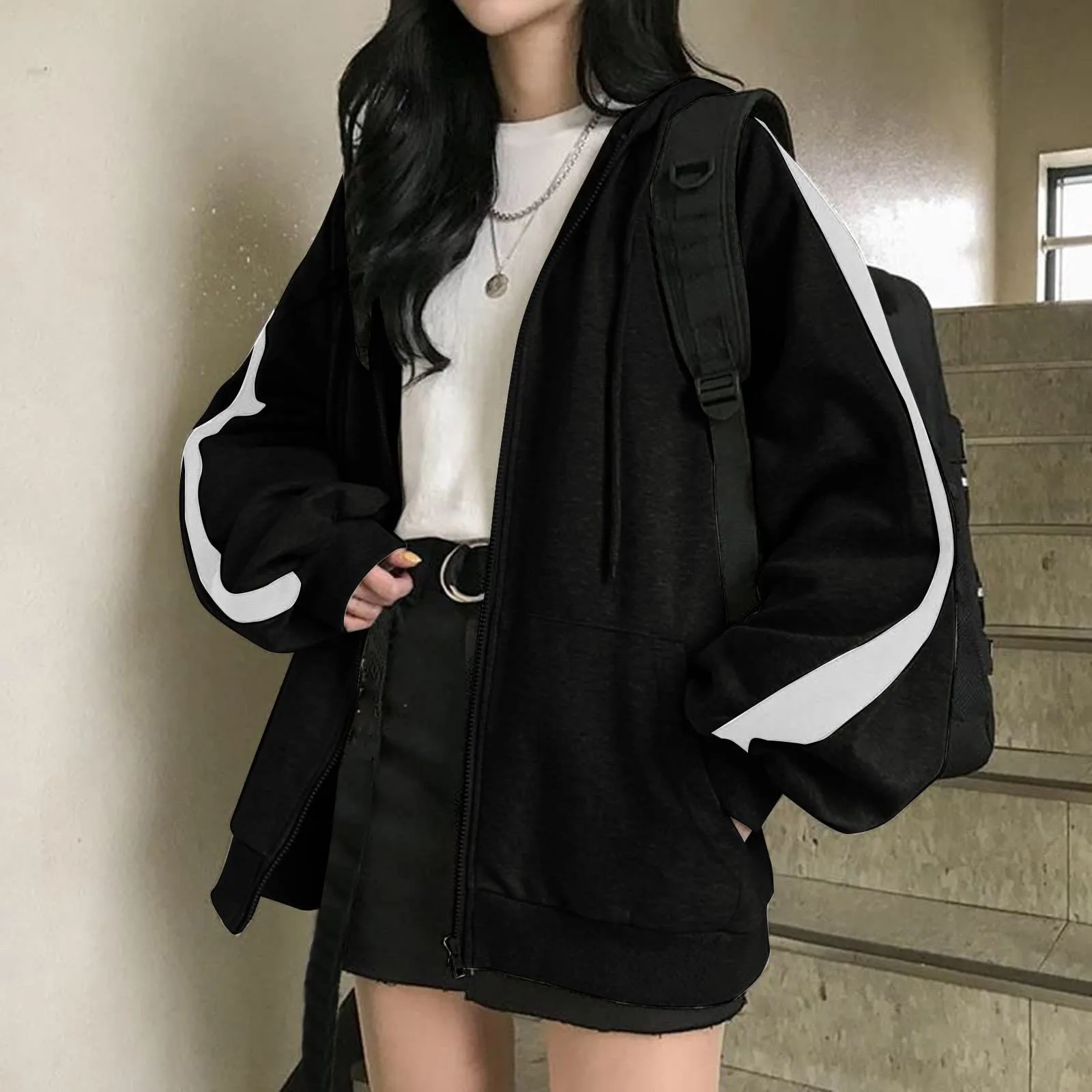 

Harajuku Korean Version Hooded Sweatshirts Women Autumn Solid Zip Up Loose Jacket Coats Vintage Long Sleeve Oversize Hoodies