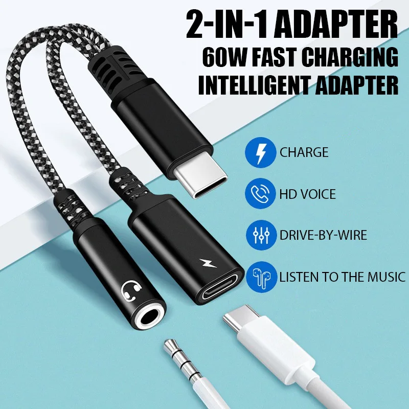 2 In 1 USB C To 3.5mm Headphone Jack Adapter Type C Charge PD 60W Audio Aux Adaptor for Ipad xiaomi Samsung Note 20 Huawei