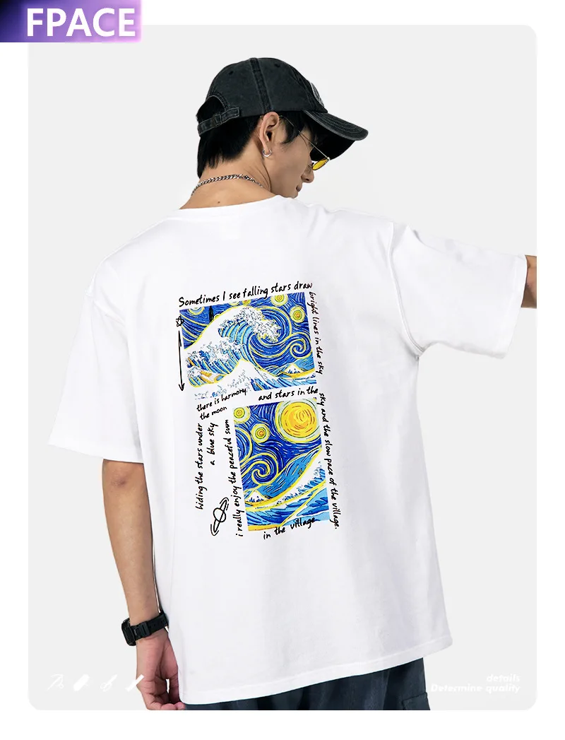 

High Street Retro Crew Neck Men's Short-Sleeved Summer Couple Wear The Starry Night" Oil Painting All Cotton T-shirt