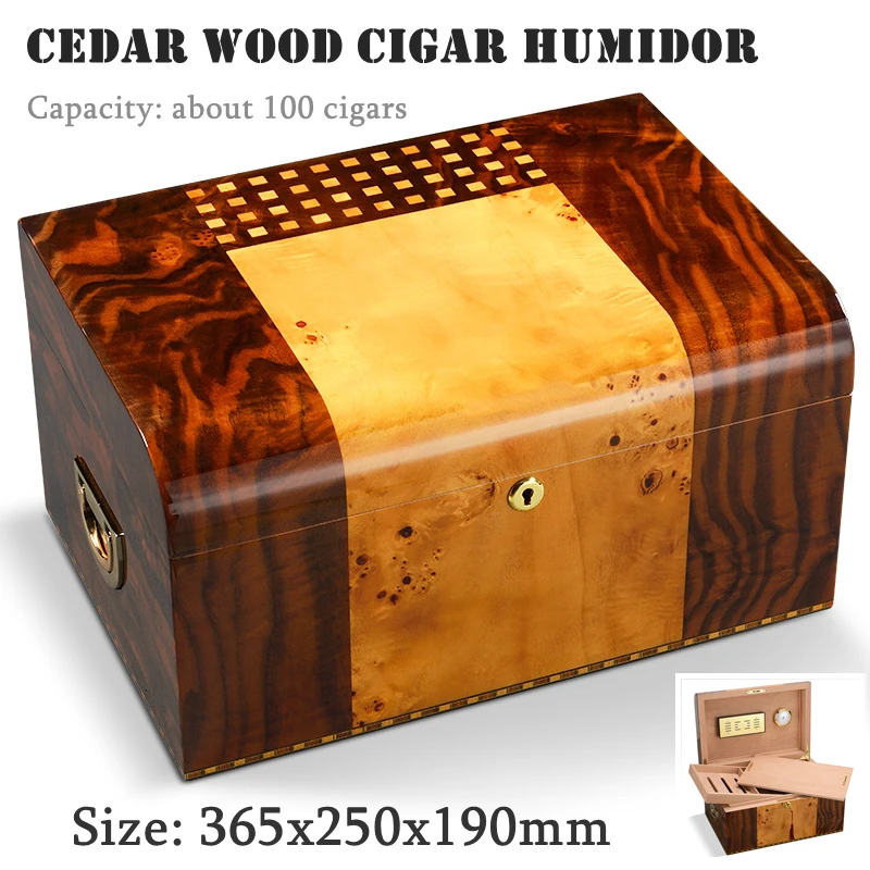 

365x250x190mm Cedar Wood Cigar Humidor Professional Capacity 100 Cigarettes Case Double Layer Piano Paint Cigar Cabinet Cool Box
