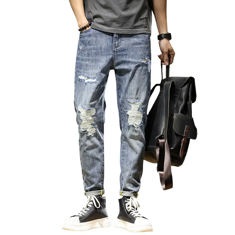 Ripped Jeans Men Summer Lightweight Slim Fit Ankle-Length Pants Streetwear Fashion Blue Patch Denim Trousers