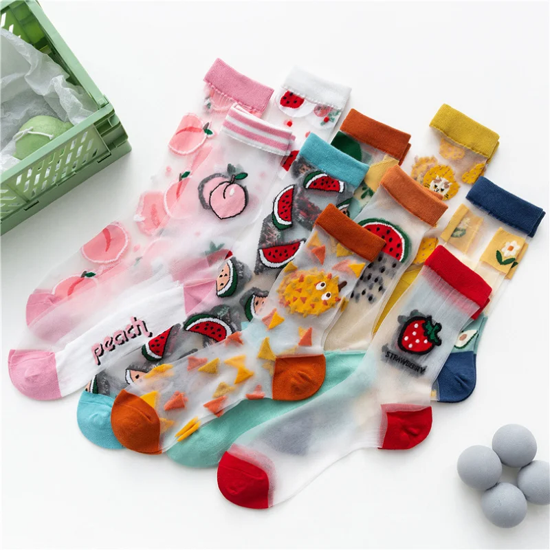 Women students Korea Style Animal Casual Harajuku Transparent Crystal Silk Trend Cartoon Fruit Breathable Glass Silk Socks Meias