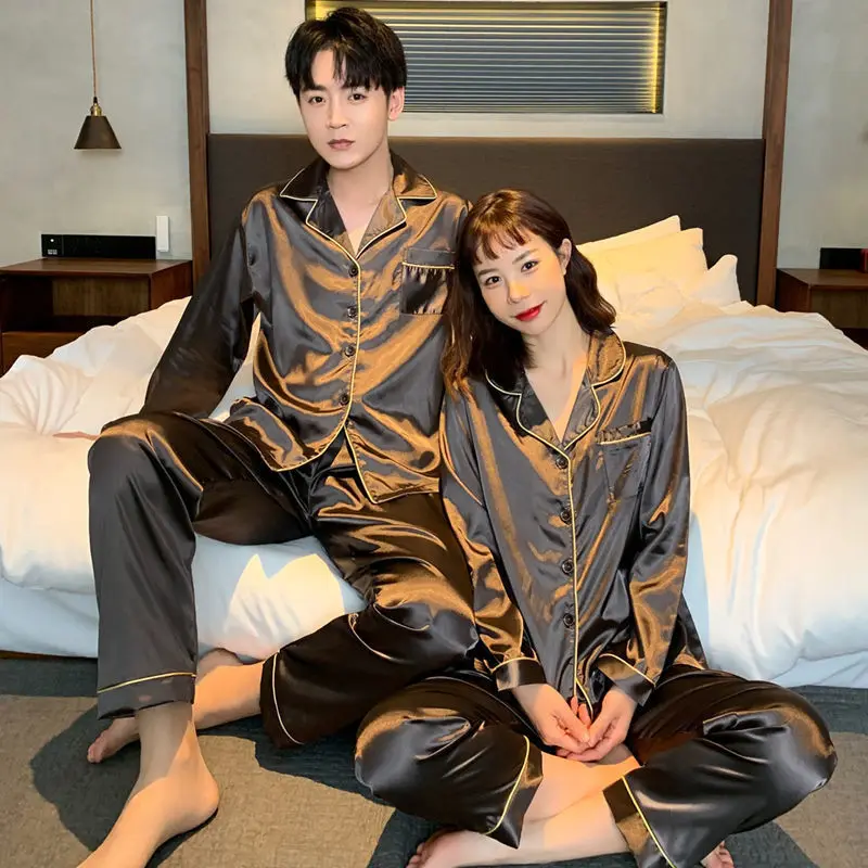 Lovers pajamas for men and women age season thin men leisurewear silk long-sleeved suit for young students
