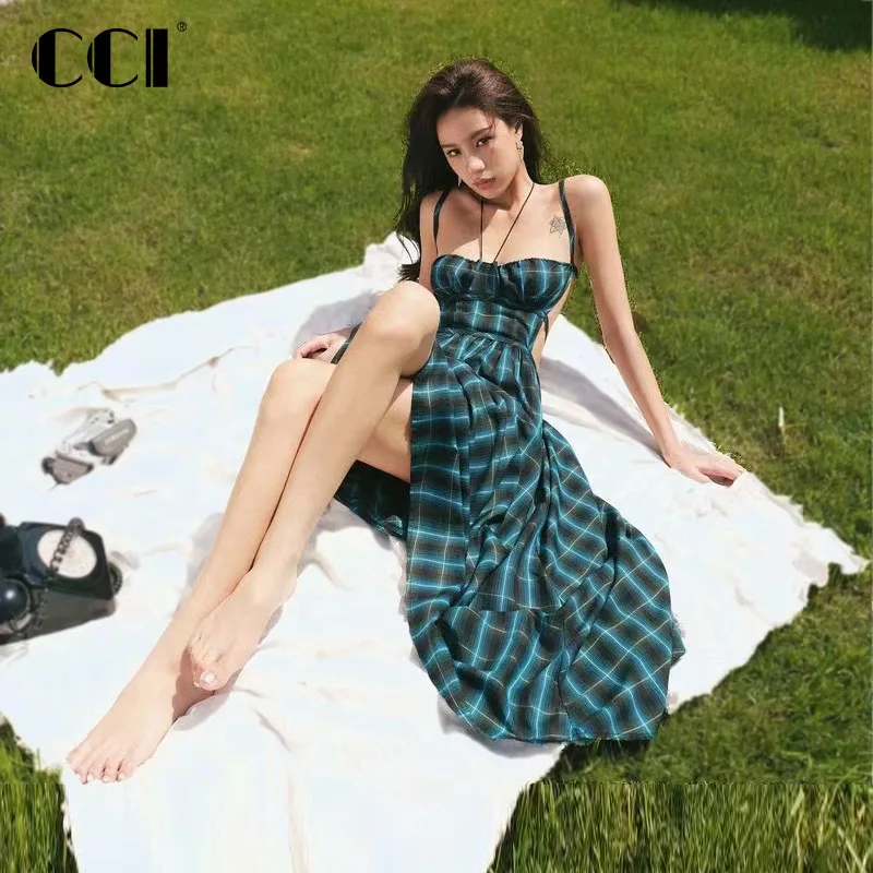 

CCI Vintage 2023 Summer Green Plaid Vacation Beach Dress Sexy Women Backless Spaghetti Strap Long Evening Dress ZSSC7