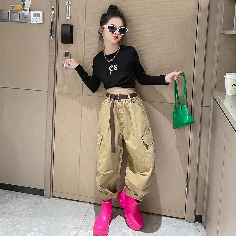 

Kids Girl Cargo Pants Outfit Set 8 10 years Hiphop Dance Jazz Clothing Letter T-shirt Fashion Teen Girl Suits