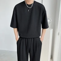 summer sets men fashion short sleeved t shirttrousers two piece men korean loose casual green black white pleated sets mens
