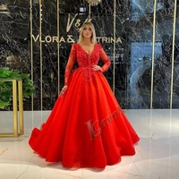 caroline ball gown princess evening dress 2022 fashion tulle appliques mariage long sleeves v neck prom gowns party custom made