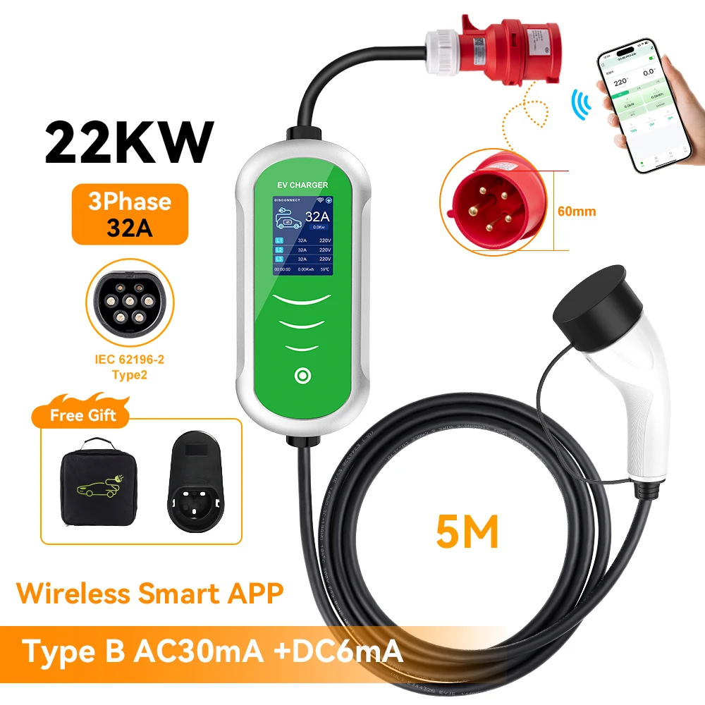 

ADPOW 32A Type2 Зарядные устройства для электромобилей 3-фазный кабель 22 кВт 5 м Регулируемый ток EVSE WIFI APP Управление зарядными аксессуарами для автомобилей электромобилей