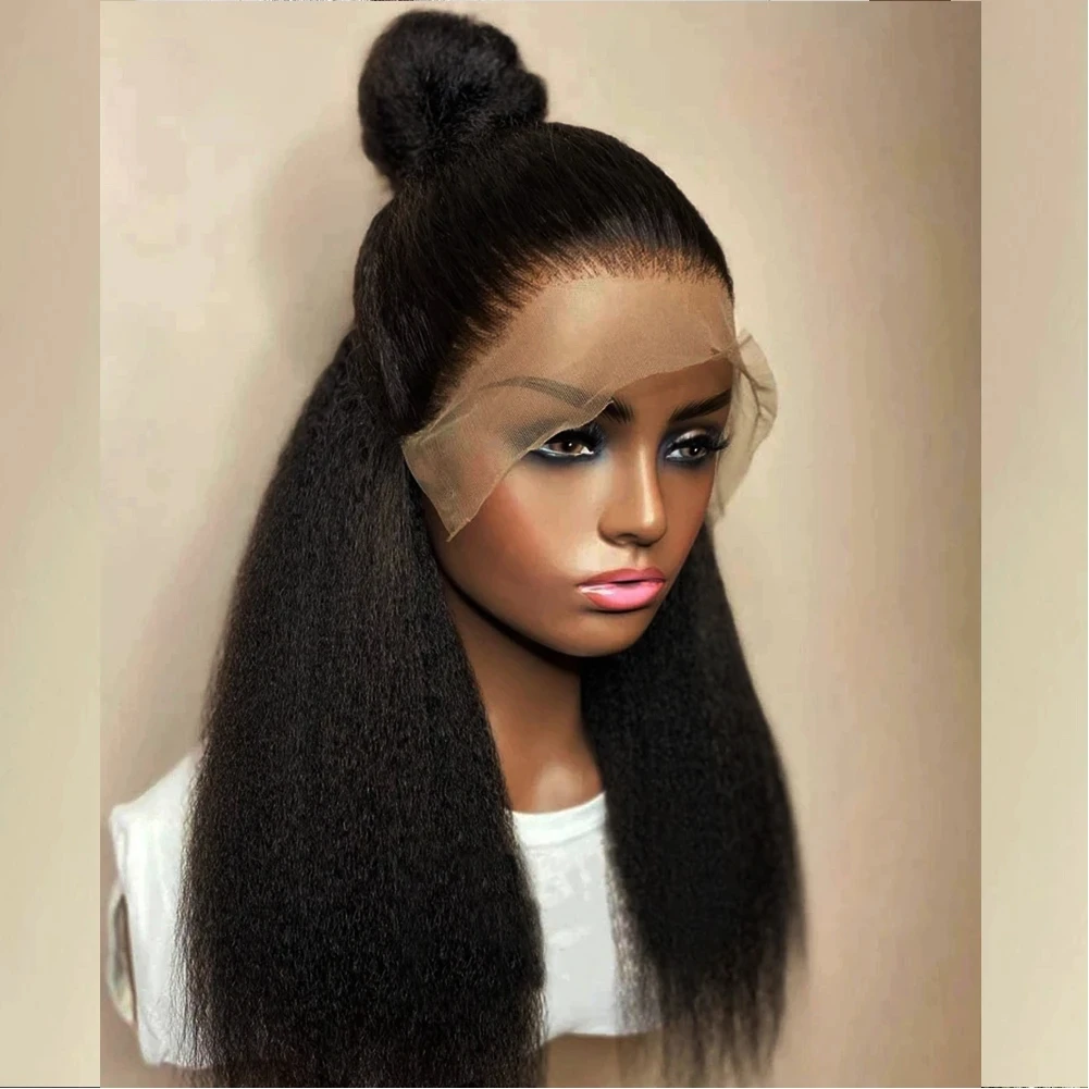 28 Inch Kinky Straight Black Yaki Lace Front Wig For Black Women With Baby hair Synthetic Heat Temperature 180 Density Glueless