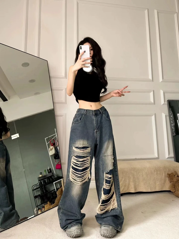 ADAgirl Blue Vintage Ripped Jeans for Women Streetwear Loose Hip Hop Straight Wide Leg Denim Trousers Y2k Causal Pants Harajuku