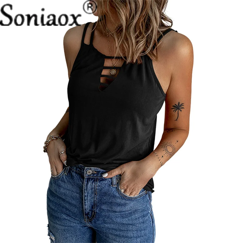 Купи 2022 Summer Women's Camisole Solid Colors Sleeveless Spaghetti Strap Solid Hollow Out Slim Tank Top Fashion Sexy Casual Vest за 482 рублей в магазине AliExpress