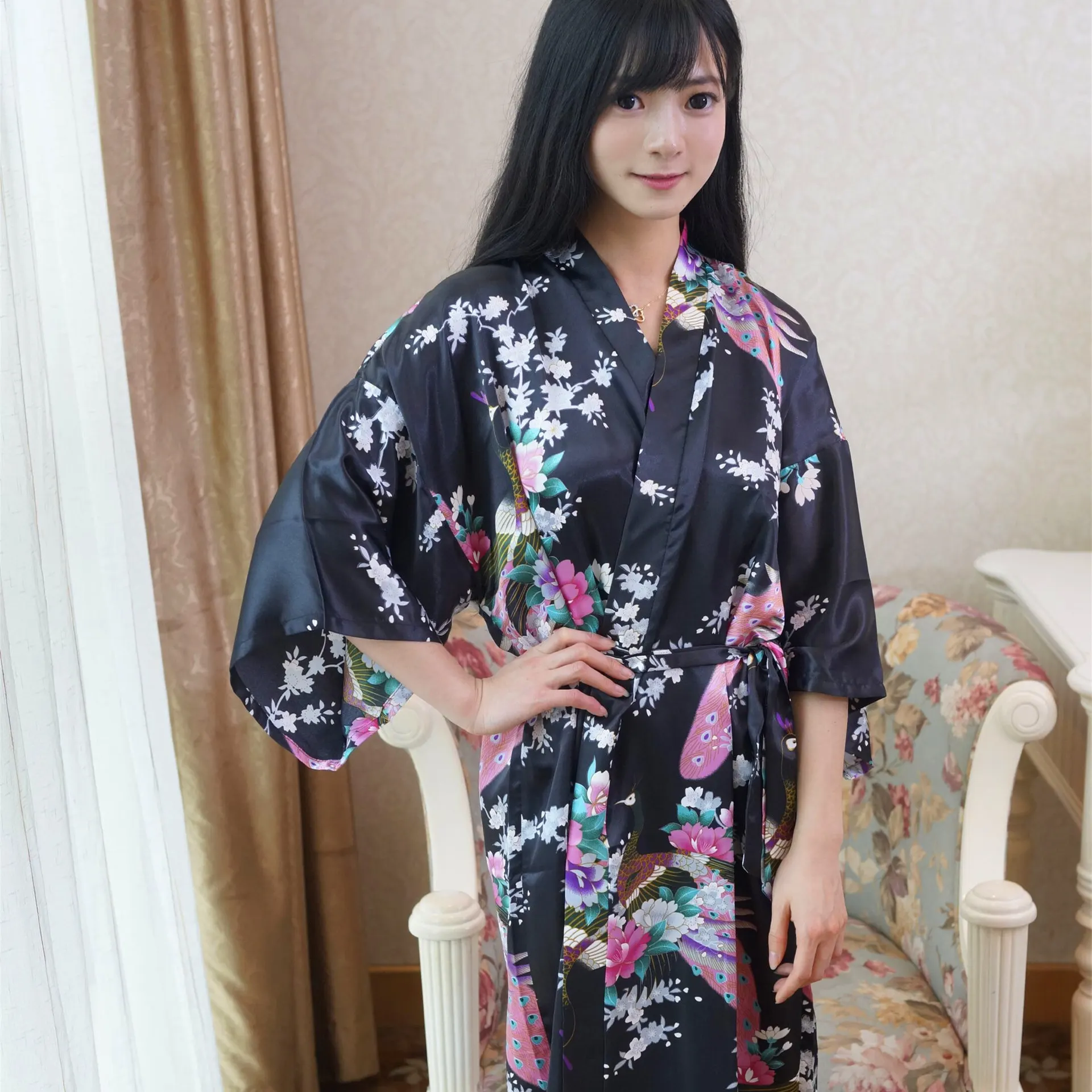 Women Mid-length Robes Sexy Half Sleeve Home Wear Japanese-style Lace Robe Summer Thin Woman Floral Print Nightgown