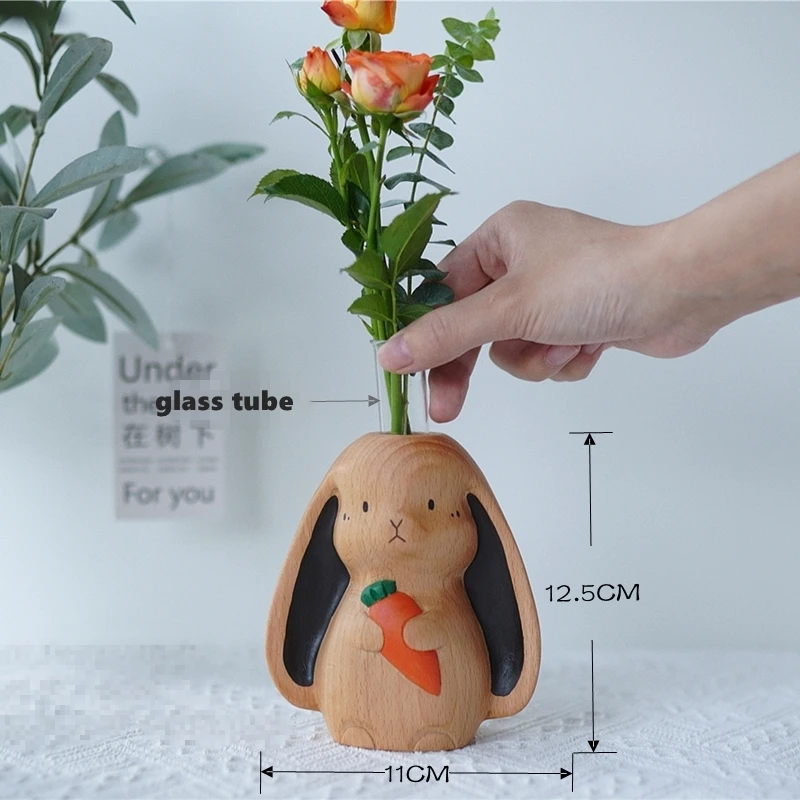 Creative rabbit solid wood dried flower vase ornaments hydroponic arrangement desktop bunny decoration