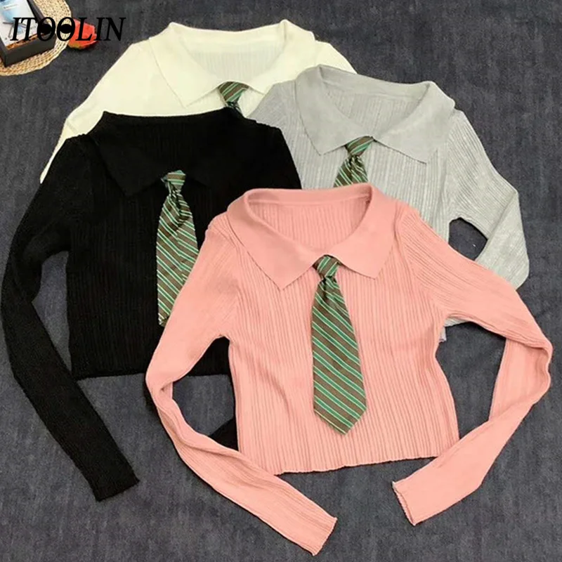 

ITOOLIN Summer Version 2022 Spring New POLO Collar Slim Fit Short Student Elegant Long-sleeved Sweater women T-shirt Tie Shirt