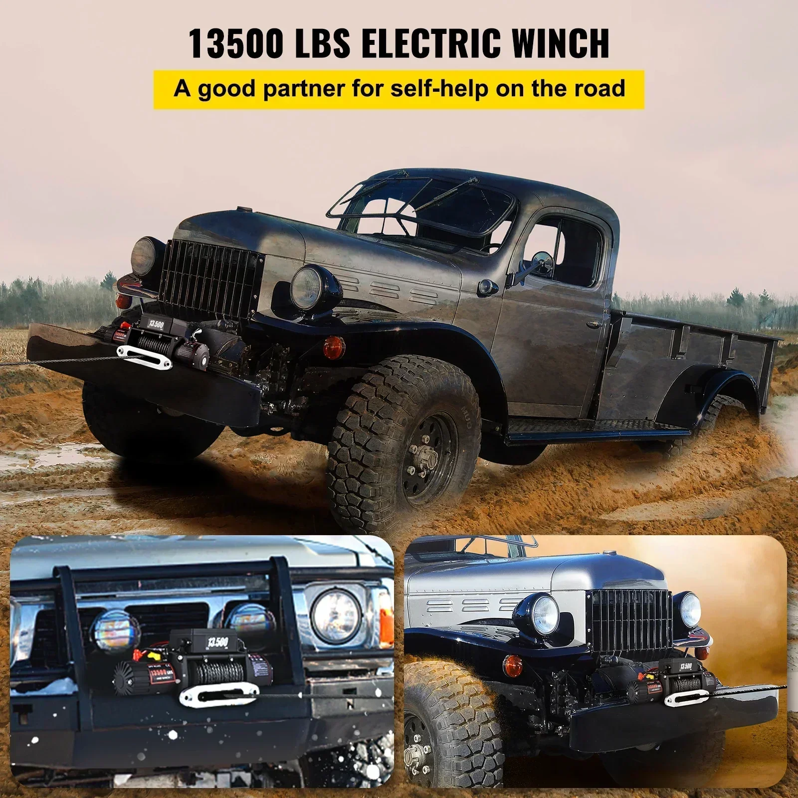 Фото Электрическая лебедка VEVOR 13500 LBS, 12 В, 27 м/92 футов, синтетический буксирный трос, подъемная тяга для 4X4, автомобильный прицеп, квадроцикл, грузовик, внедорожная лодка №3
