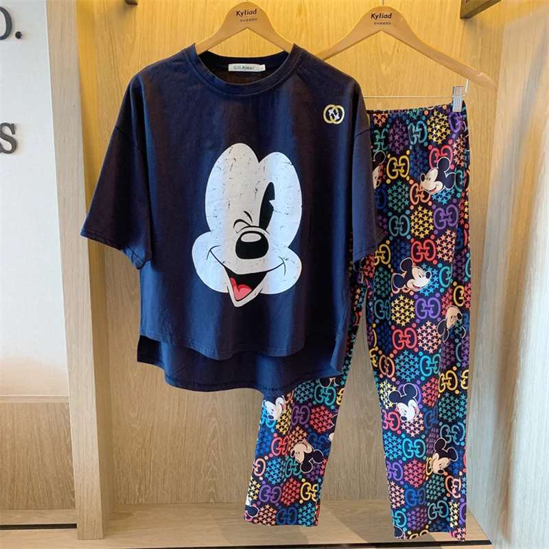 Disney Mickey Mouse 2 Pieces Set Pjamas for Women Summer New Short Sleeve Shirt and Graphics Pant Ladies Soft Night Wear Suit