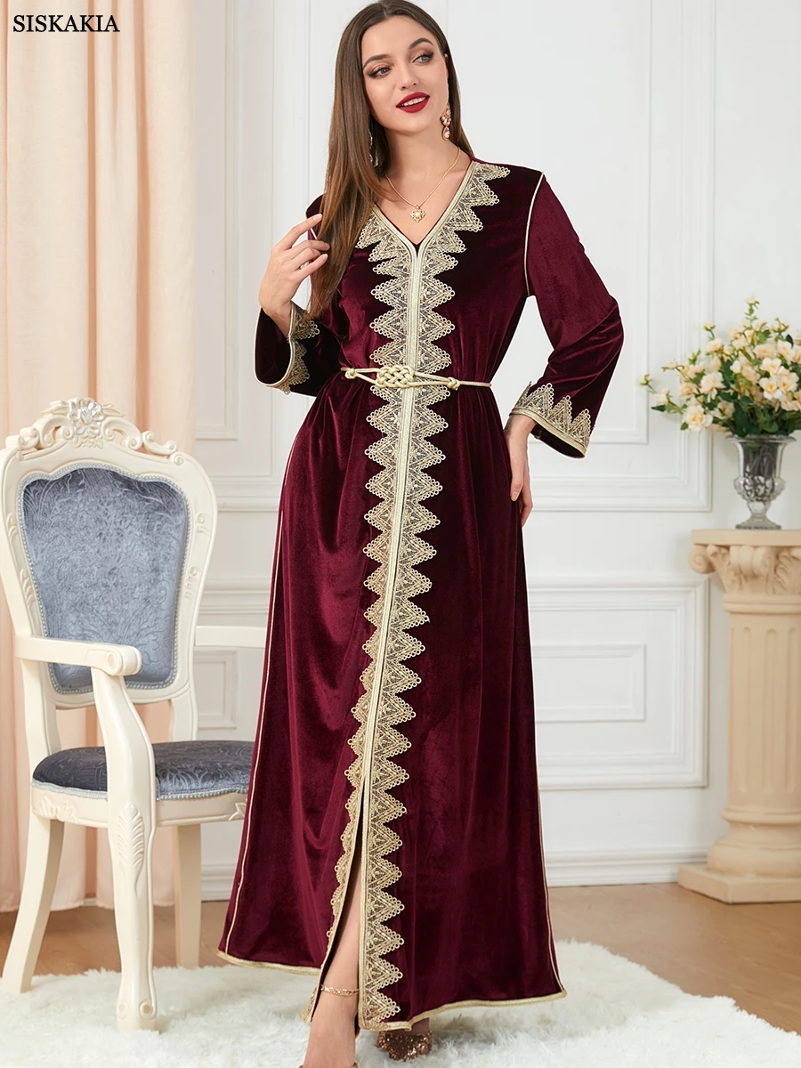 

Женское Гипюровое платье с длинными рукавами Abayat, осенне-зимнее бархатное платье-Кафтан с цветочной вышивкой и поясом