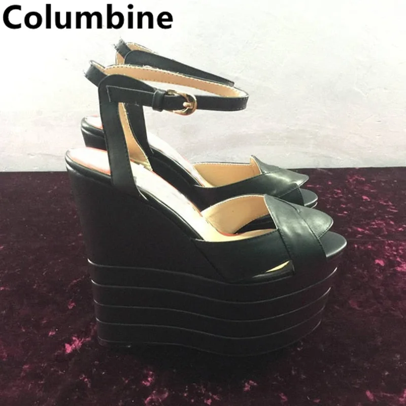 Women Red White Stripe Heightened Platform Sandals Leather High Wedge Open Fashion Heels Mixed Colors Peep Toe Modern New Shoes