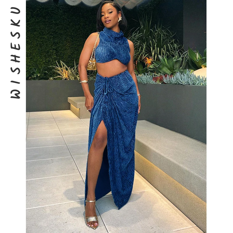 

Two Piece Evening Dress Set Women Turtleneck Sleeveless Crop Top+High Waist Drawstring Split Bodycon Long Skirt 2023 Spring Fall