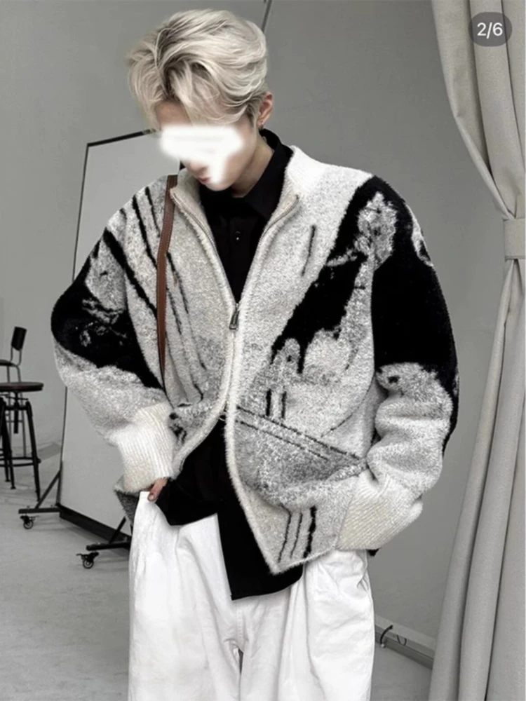 Свитеры в стиле панк и готика жаккардовый кардиган контрастных цветов на молнии