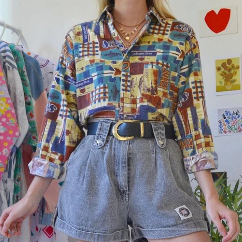 

Retro Fashion Print Lapel Long Sleeve Shirt