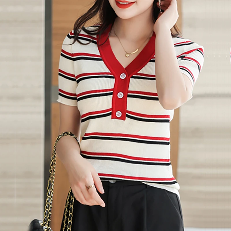 Camisetas De Mujer Knitted Striped T Shirt Women Summer 2022 Button T Shirts  Womens Tops Short Sleeve Tee Shirt Woman Clothes - купить по выгодной цене  | AliExpress