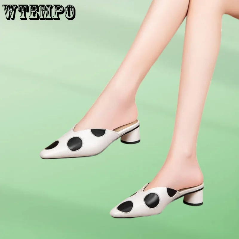 WTEMPO Pointed Mid Heels Slippers Women Summer Shoes Sexy Sandals Leather Mules Shallow Slides High Heel Shoes Dropshipping