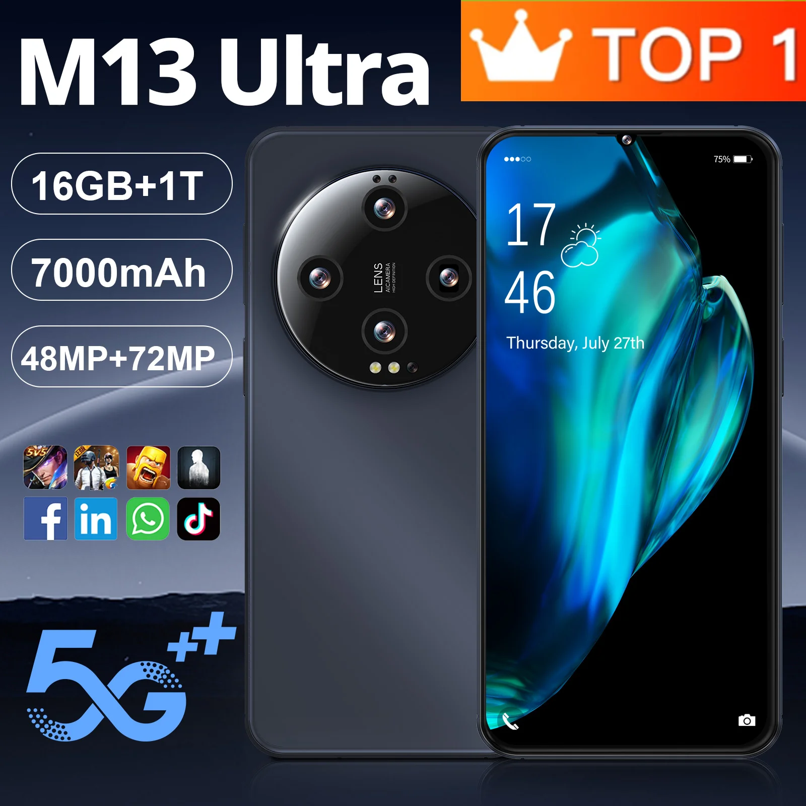 

Global Version 6.8 Inch M13 Ultra Smartphone Fingerprint Unlocking Full Screen Face Recognition Cell Phone 7000mAh 4G/5G Phone