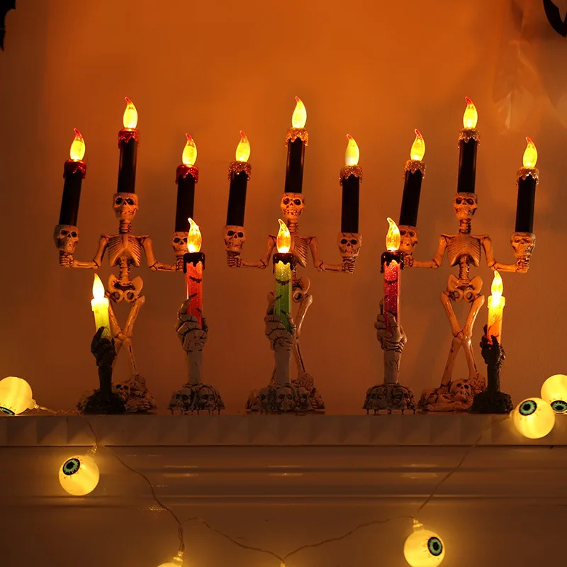 

1pc Halloween Decoration Skull LED Candlestick Battery Smoke-free Bat Lights Pumpkin Candle Haunted Home Bar Horror Props