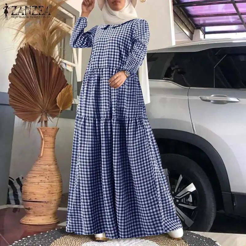 

2022 Fashion Dubai Turkey Kaftan Abaya Women Casual Long Sleeve Checked Printed Sundress ZANZEA Elegant Grid Muslim Maxi Dress