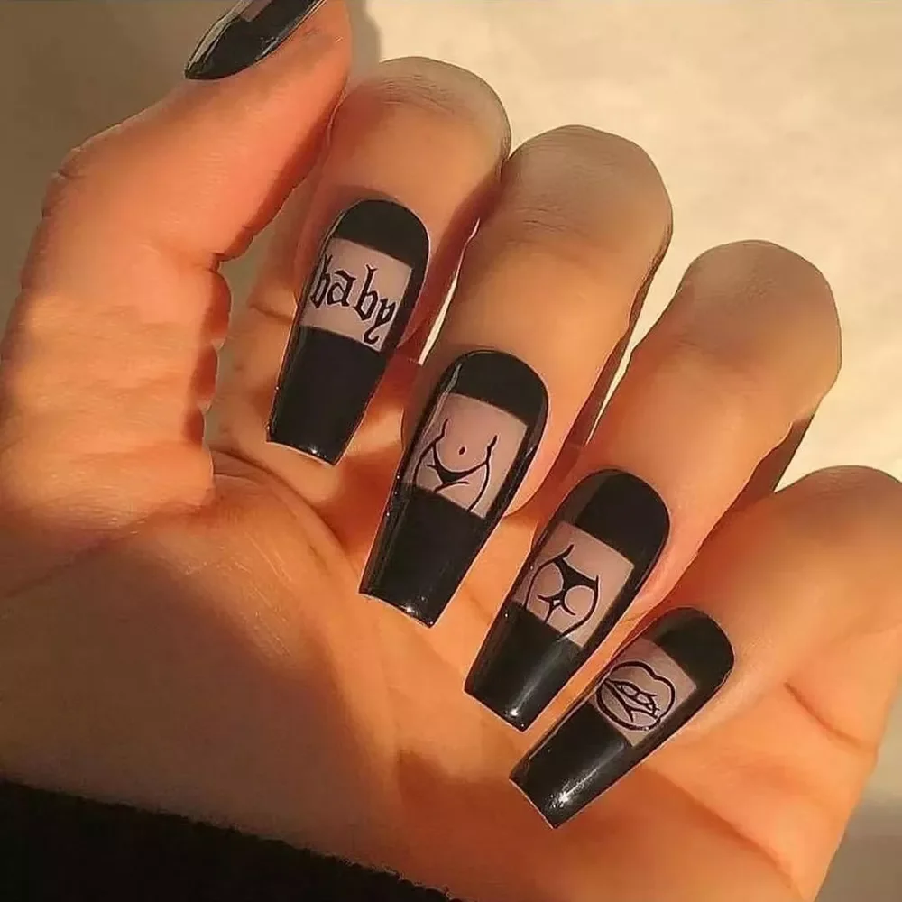 

24Pcs Press On Nails Coffin False Nails Sexy Pattern Design Black Long French Ballet Fake Nails Tips for nails Nails Accessories