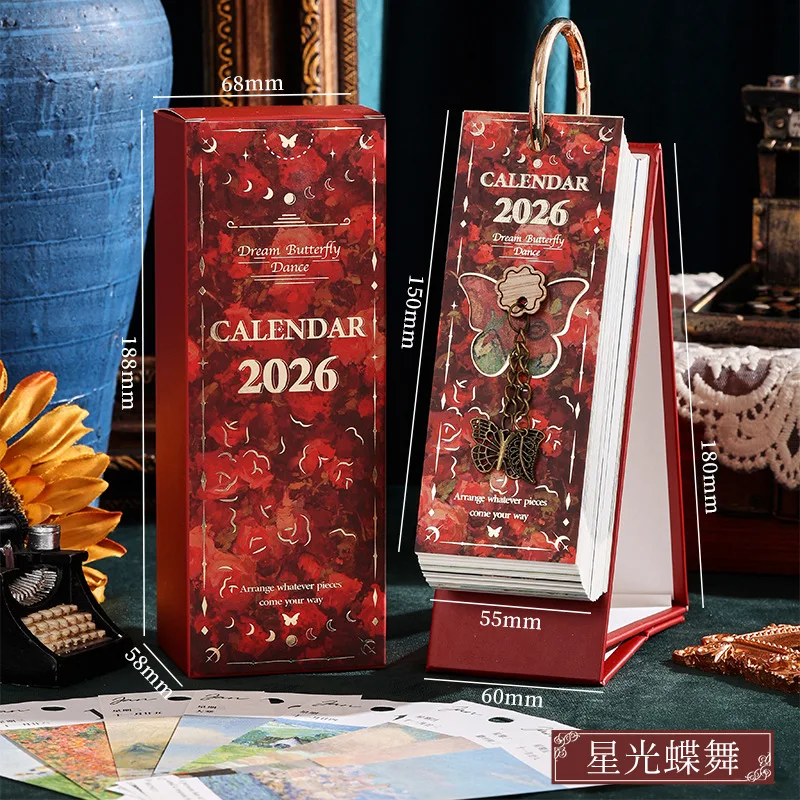 

Настольный календарь на 2026 с переплетом золотого кольца, 365-дневная винтажная картина маслом, вдохновляющие цитаты, односторонняя страница, ежедневник