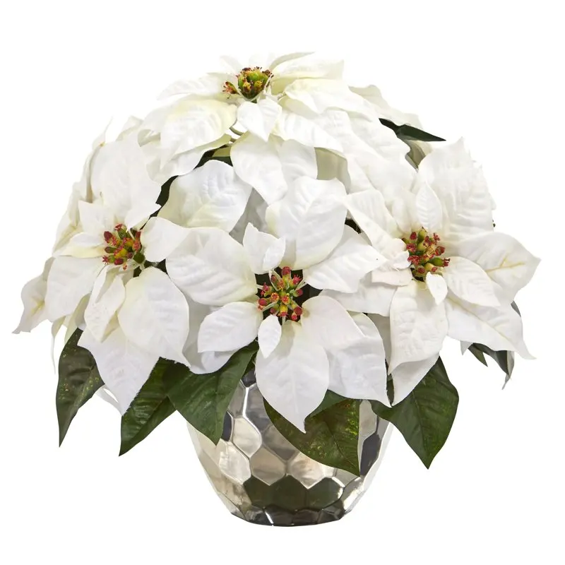 

14" Poinsettia Artificial Flower Arrangement in Designer Silver Bowl, Red