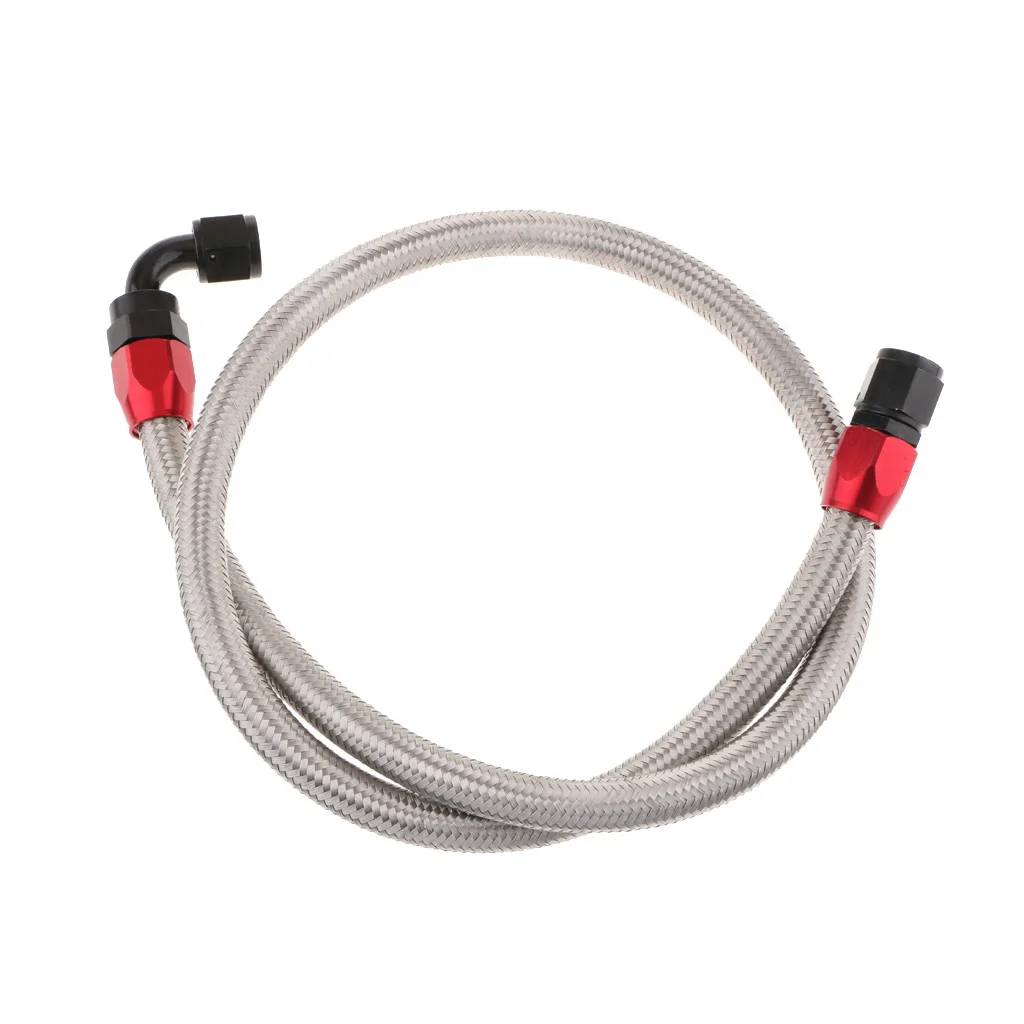 

A Stainless Steel Braided Oil Hose with A 0 Degree 90 Degree End Piece for
